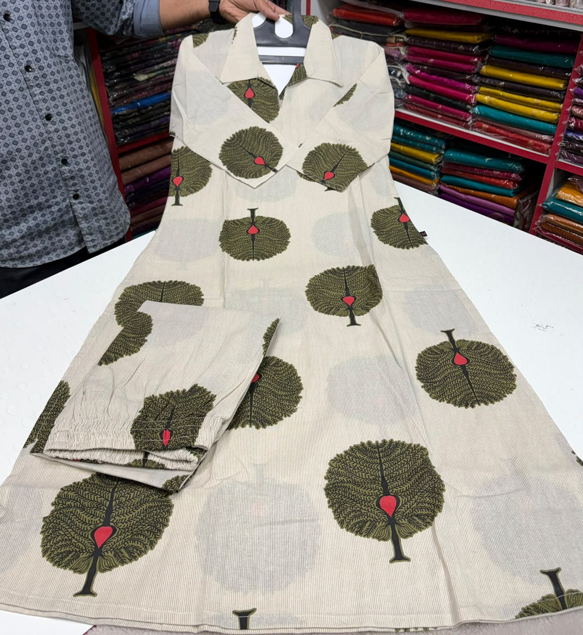 Premium Quality Handloom Khadi Cotton Cord set With Plaza Pant Green