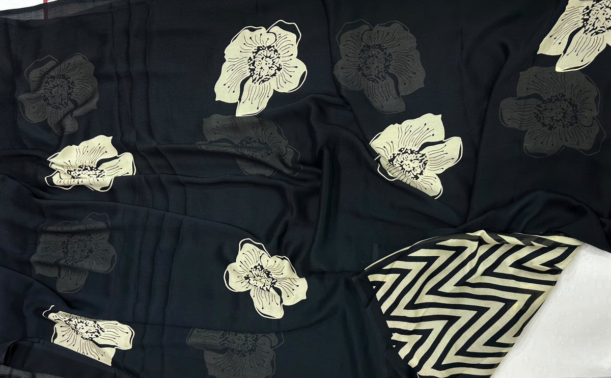 Premium Quality Maslin Georgette Saree With Digital Design Black
