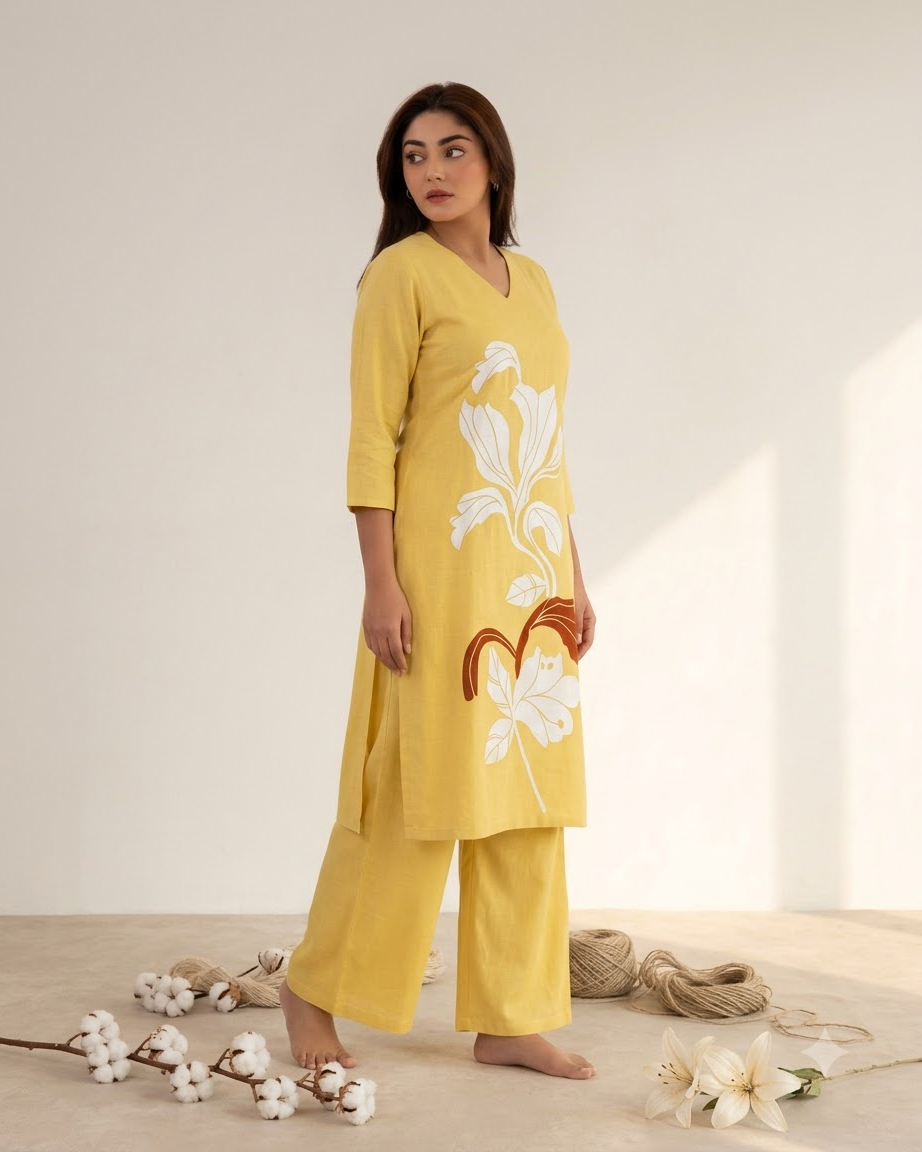 Pure Gadwal Cotton Cord Set with Plaza Pant - Yellow