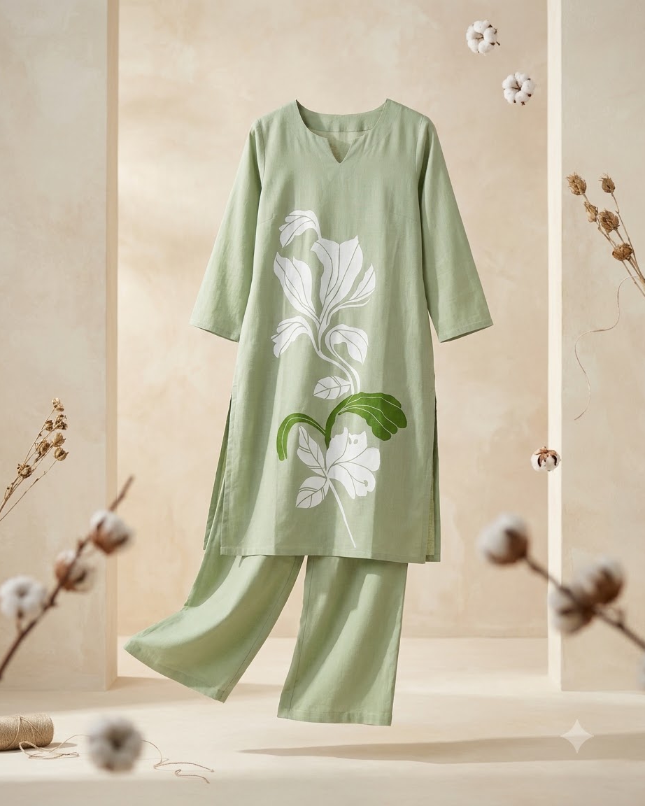 Pure Gadwal Cotton Cord Set with Plaza Pant - Green