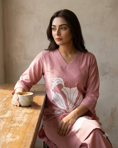 Pure Gadwal Cotton Cord Set with Plaza Pant - Pink