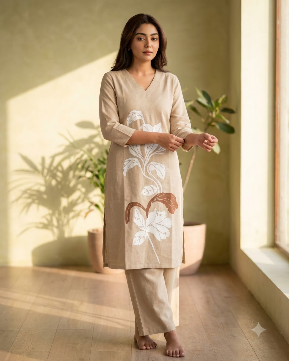 Pure Gadwal Cotton Cord Set with Plaza Pant - Brown
