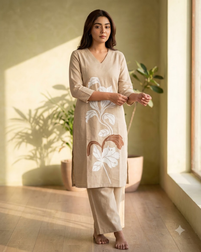 Pure Gadwal Cotton Cord Set with Plaza Pant - Brown