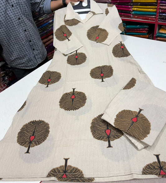 Premium Quality Handloom Khadi Cotton Cord set With Plaza Pant Brown