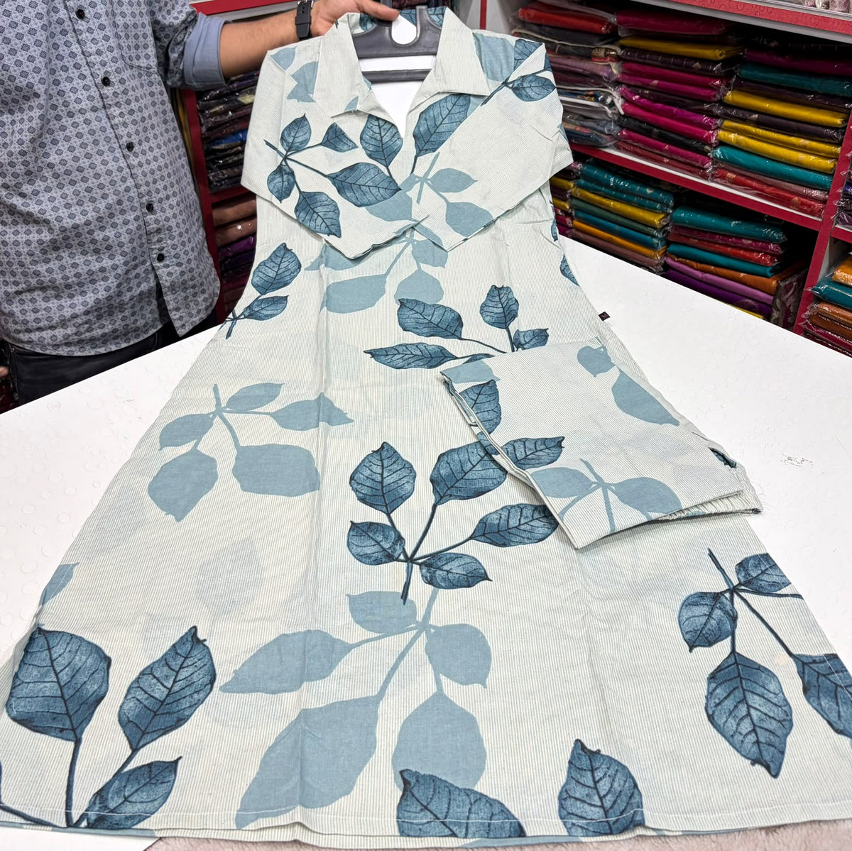 Premium Quality Handloom Khadi Cotton Cord set With Plaza Pant Sky