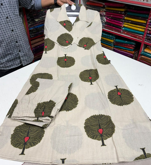 Premium Quality Handloom Khadi Cotton Cord set With Plaza Pant Green