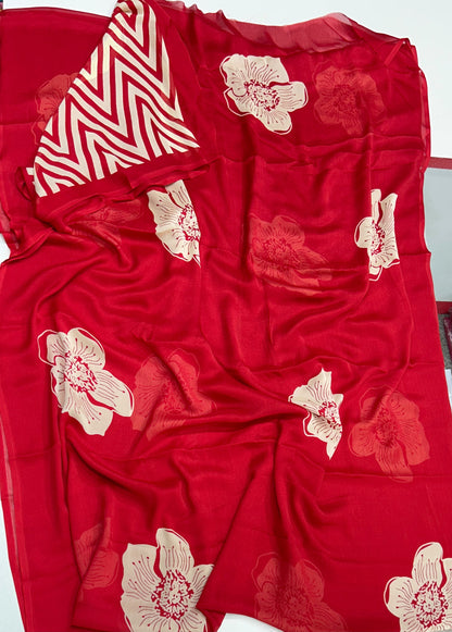 Premium Quality Maslin Georgette Saree With Digital Design Red