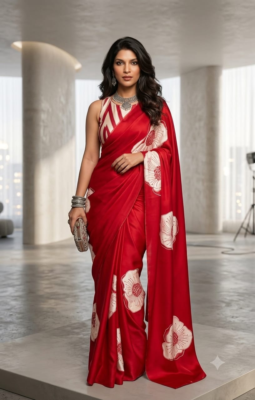 Premium Quality Maslin Georgette Saree With Digital Design Red