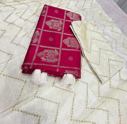 premium quality  Soft vichitra febric saree  With foil ratha & check design  Contora shimeer work blouse