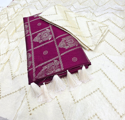 premium quality  Soft vichitra febric saree  With foil ratha & check design  Contora shimeer work blouse