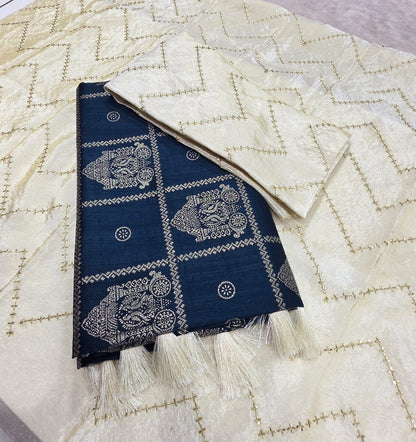 premium quality  Soft vichitra febric saree  With foil ratha & check design  Contora shimeer work blouse