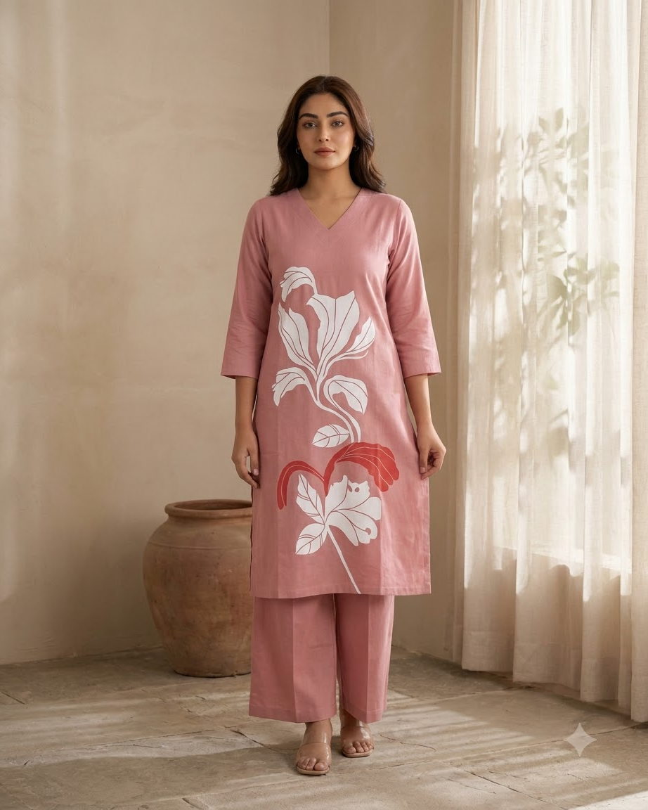 Pure Gadwal Cotton Cord Set with Plaza Pant - Pink