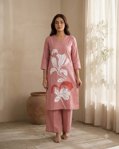 Pure Gadwal Cotton Cord Set with Plaza Pant - Pink