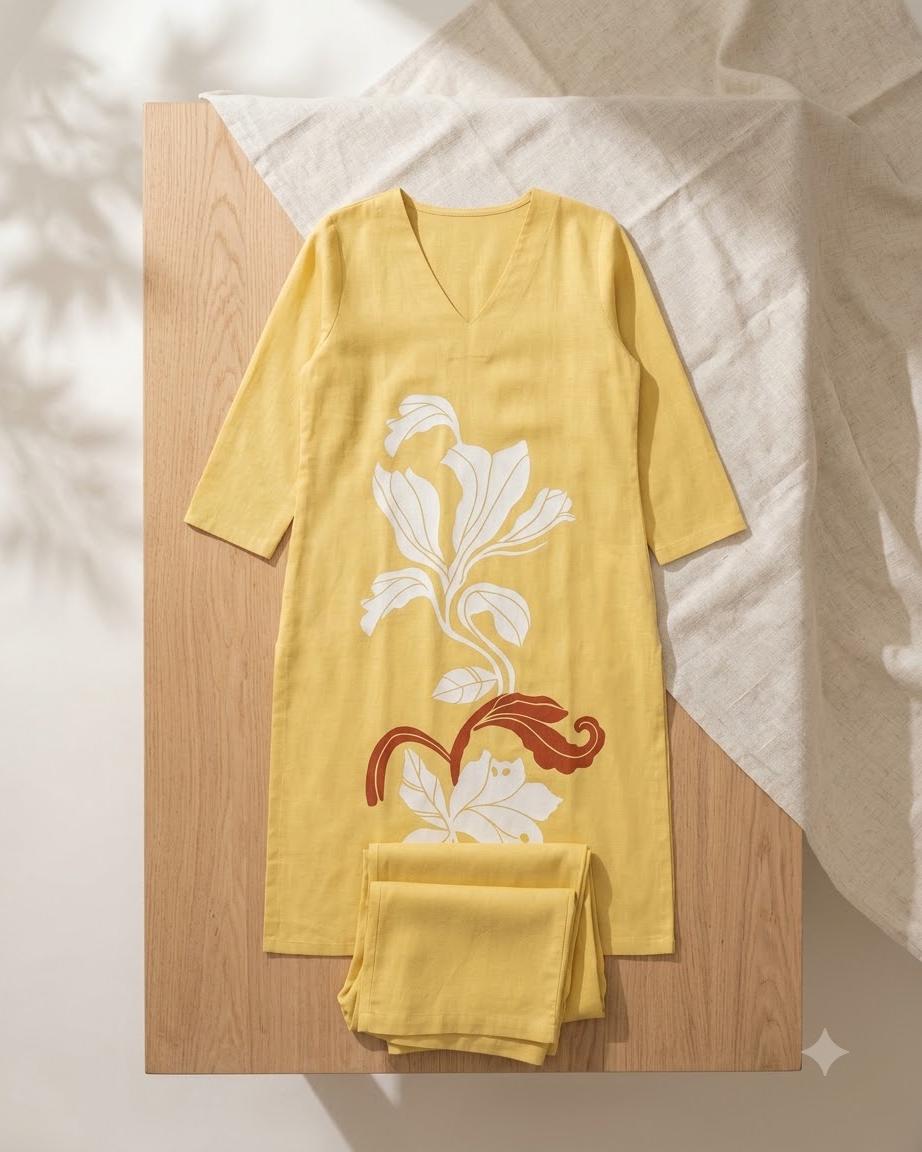 Pure Gadwal Cotton Cord Set with Plaza Pant - Yellow