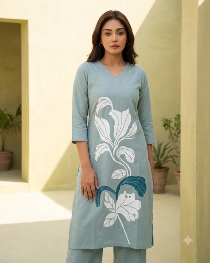 Pure Gadwal Cotton Cord Set with Plaza Pant - Sky Blue