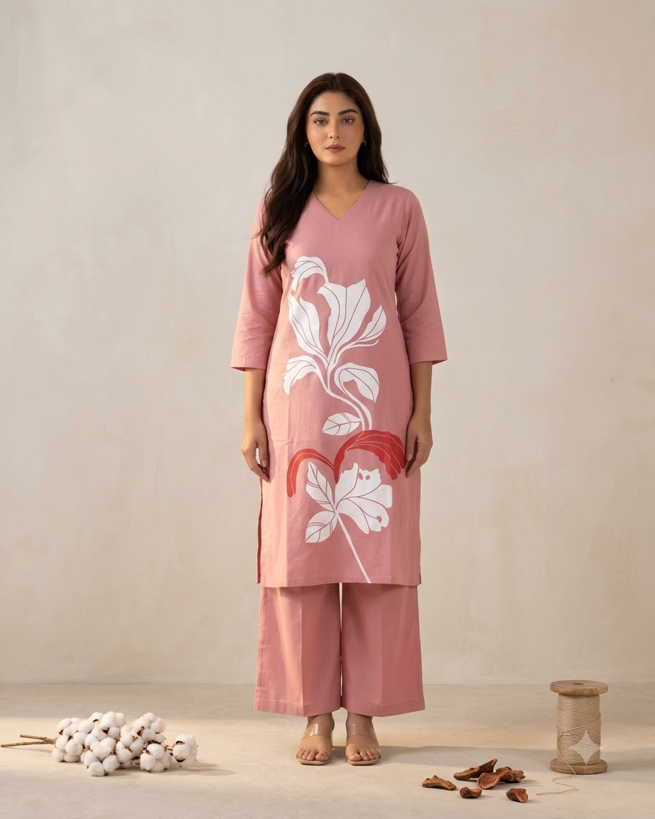 Pure Gadwal Cotton Cord Set with Plaza Pant - Pink