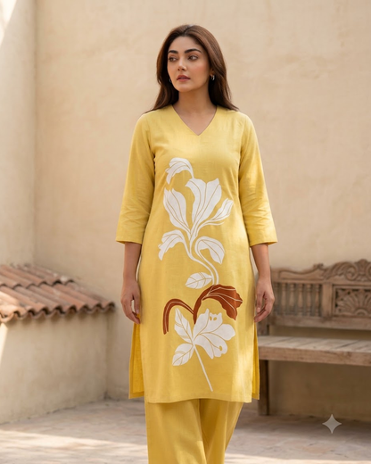 Pure Gadwal Cotton Cord Set with Plaza Pant - Yellow