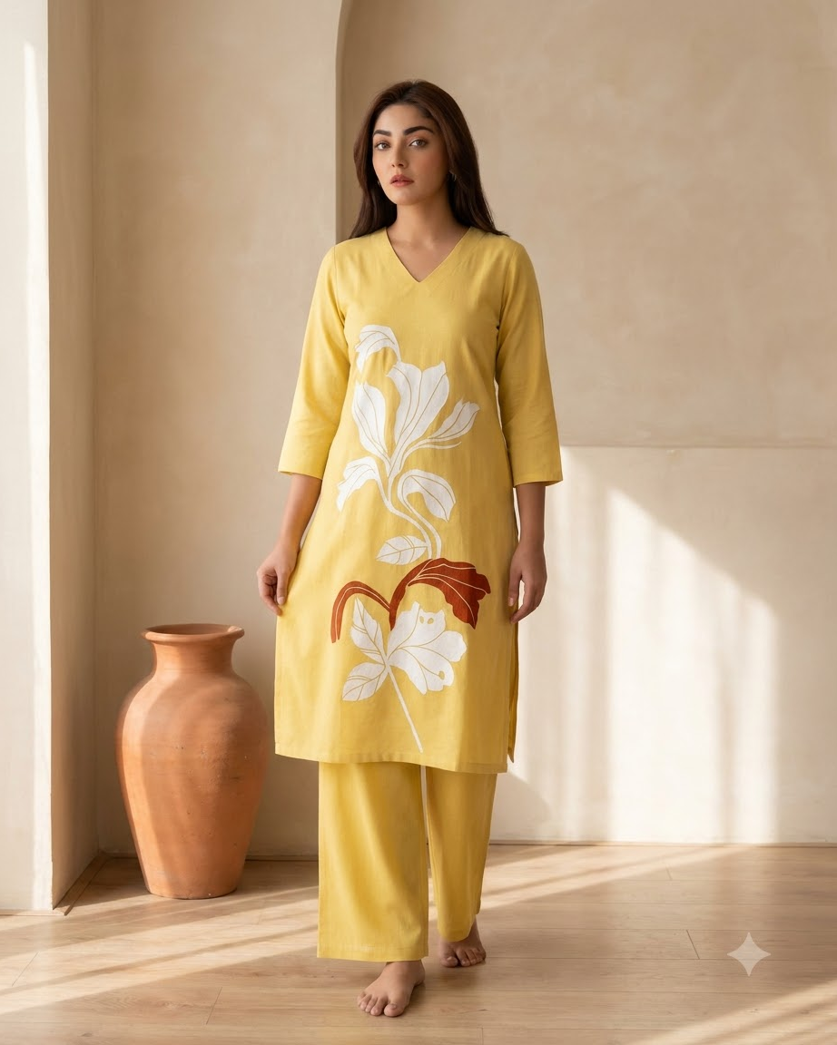 Pure Gadwal Cotton Cord Set with Plaza Pant - Yellow