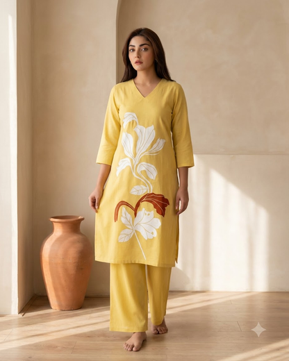 Pure Gadwal Cotton Cord Set with Plaza Pant - Yellow