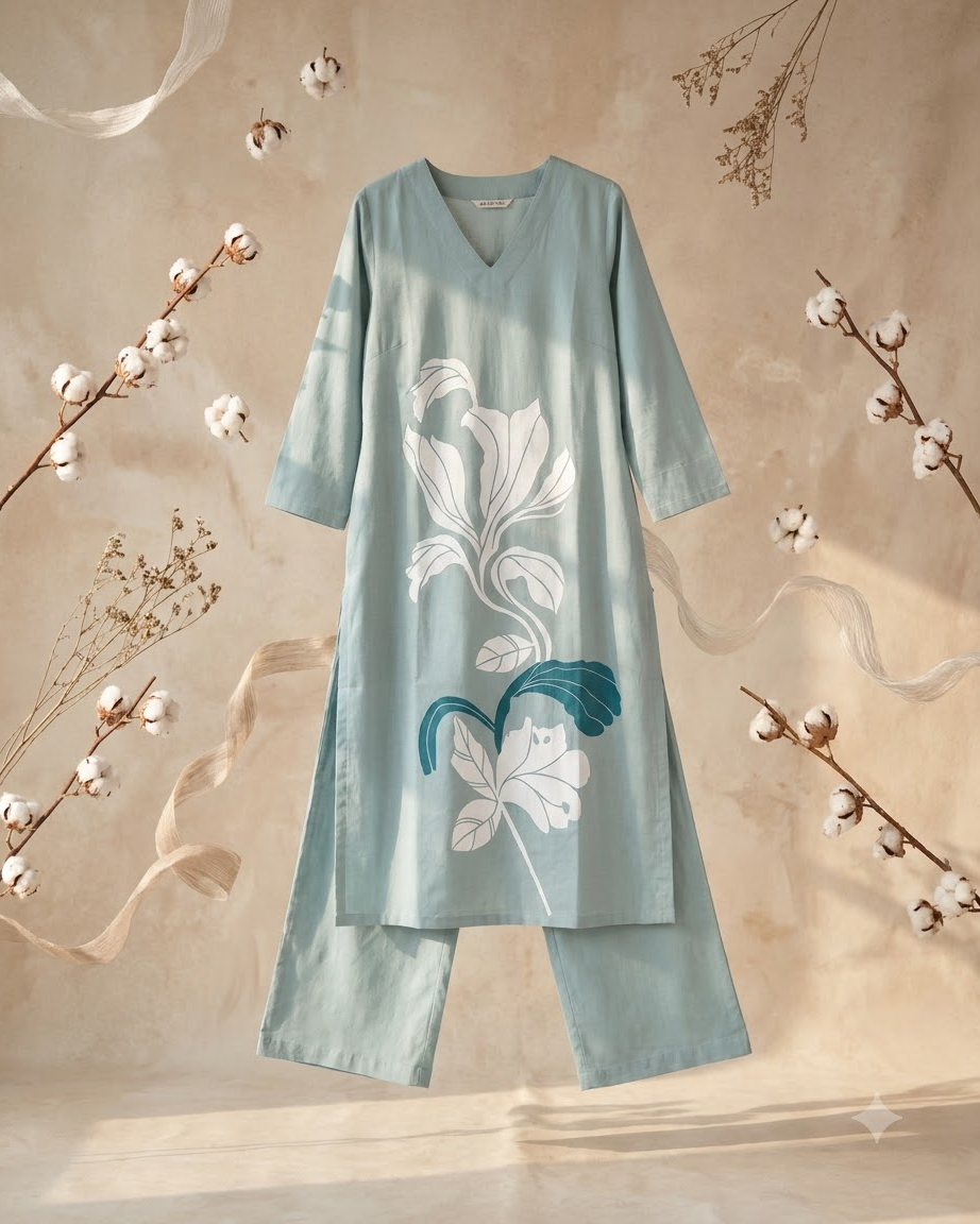 Pure Gadwal Cotton Cord Set with Plaza Pant - Sky Blue