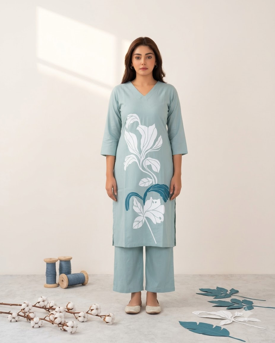 Pure Gadwal Cotton Cord Set with Plaza Pant - Sky Blue