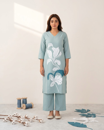 Pure Gadwal Cotton Cord Set with Plaza Pant - Sky Blue