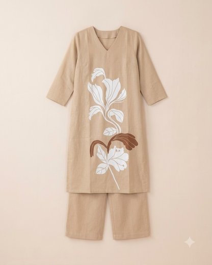 Pure Gadwal Cotton Cord Set with Plaza Pant - Brown